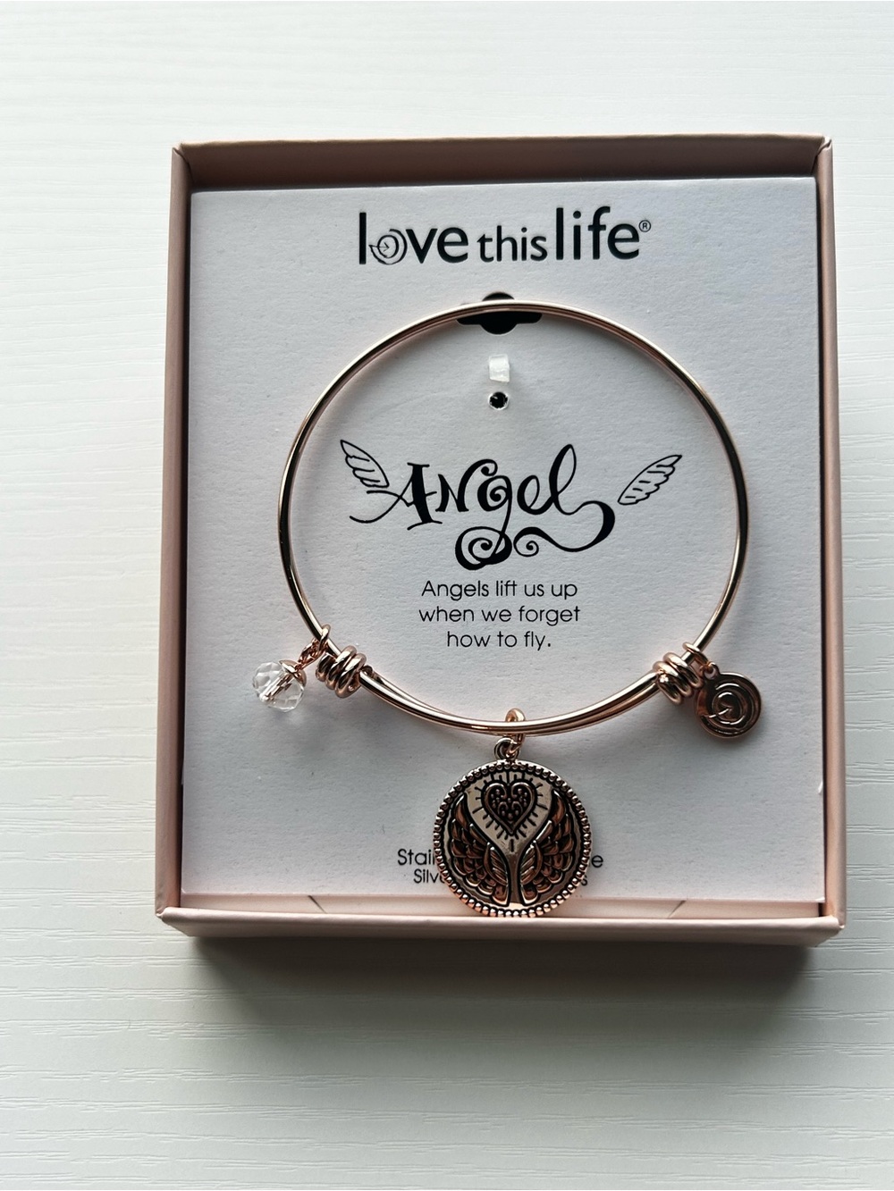 Love This Life Angel Rose Gold Bangle Bracelet Gift Box Never Worn